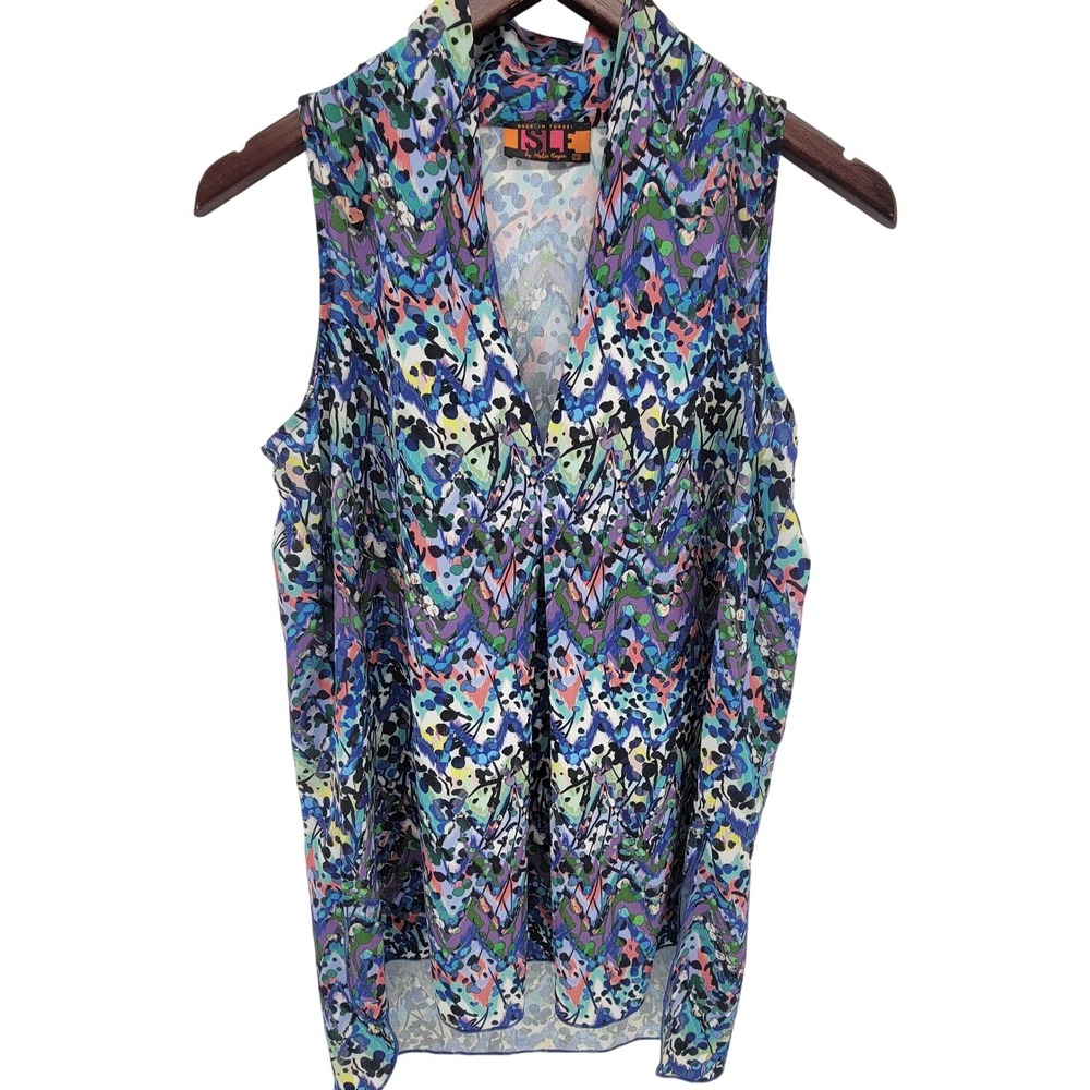 Isle by Melis Kozan Womens XS Sleeveless Abstract High-Low Blouse V-Neck